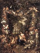 Heilige Familie in einem Blumen und Fruchtekranz Jan Brueghel The Elder